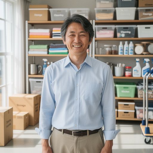 整理されたキッチンの棚に並ぶ調理器具と食器